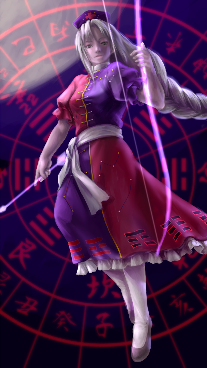 1girl, absurdres, arrow, bow_(weapon), braid, dress, energy_weapon, frilled_dress