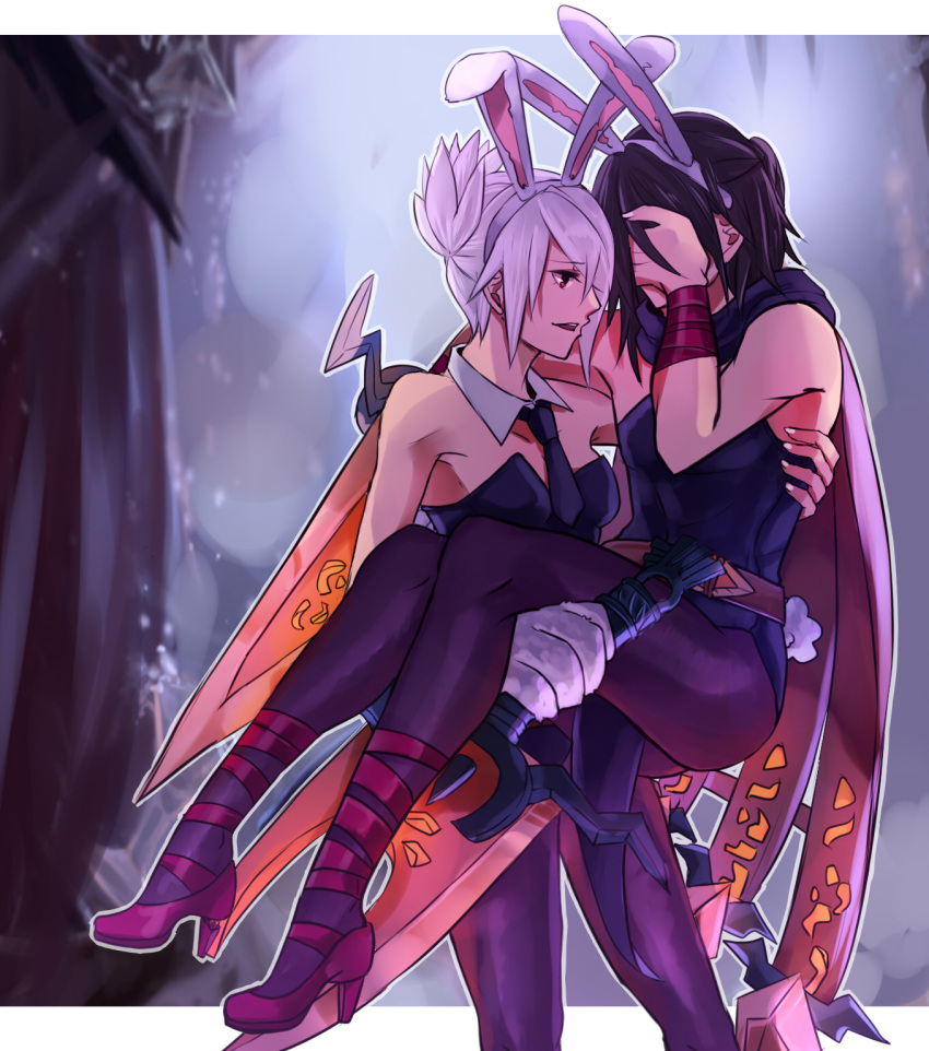 1boy, 1girl, alternate_costume, animal_ears, battle_bunny_riven, broken, broken_sword, broken_weapon