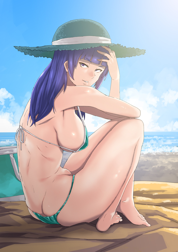 1girl, ass, barefoot, bikini, blue_hair, breasts, florence_kirishima, from_behind