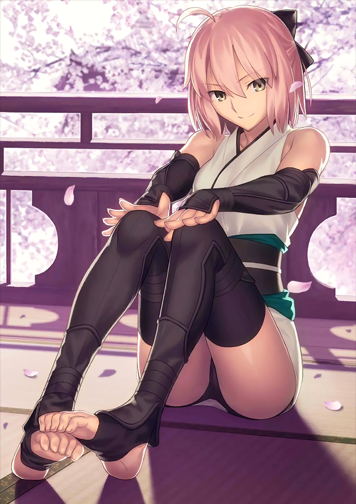 1girl, barefoot, black_gloves, black_legwear, black_panties, blonde_hair, bow, cherry_blossoms