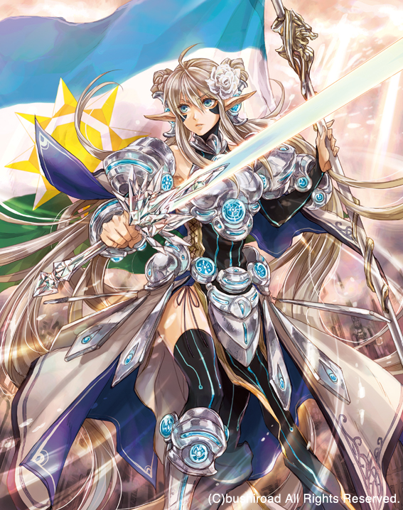 1girl, ahoge, armor, bare_shoulders, black_legwear, blue_eyes, bridal_gauntlets, brown_hair
