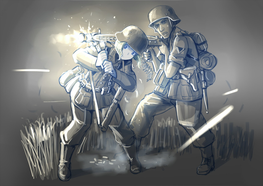 1boy, 1girl, ammunition_belt, bayonet, blonde_hair, blue_eyes, boots, canteen