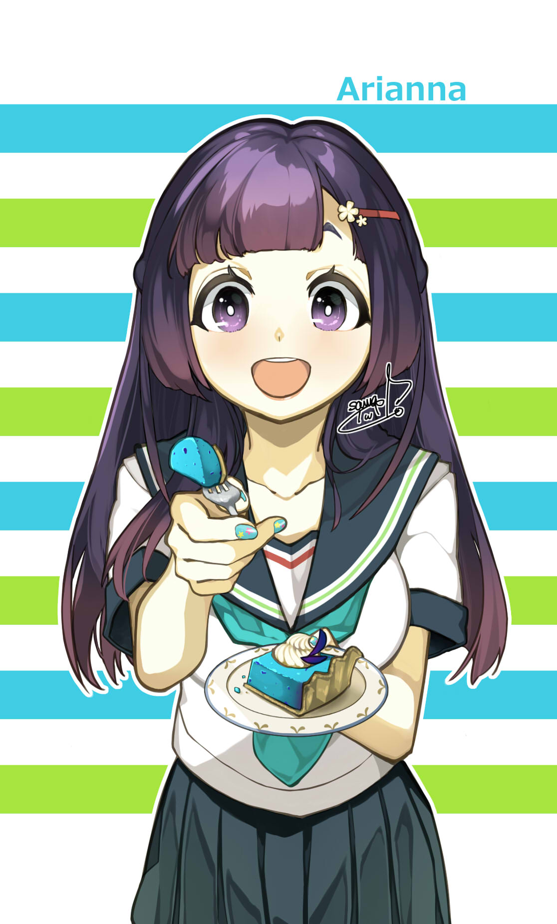 1girl, arianna_(sekaiju), artist_request, bright_pupils, food, fork, hair_ornament, hairclip