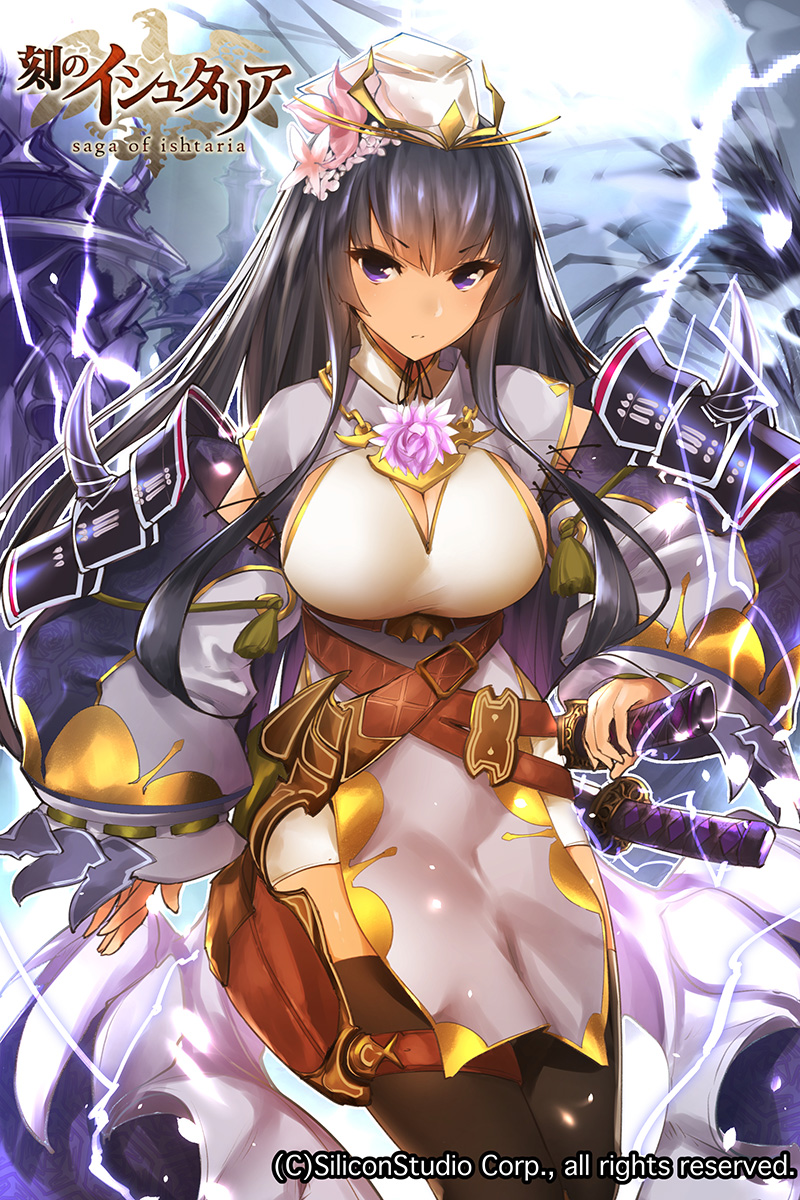 1girl, age_of_ishtaria, armor, armored_dress, black_hair, black_legwear, breasts, detached_sleeves