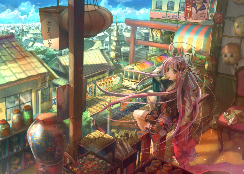 candy, chair, city, cityscape, flower, fuji_choko, gashapon, hair_ornament