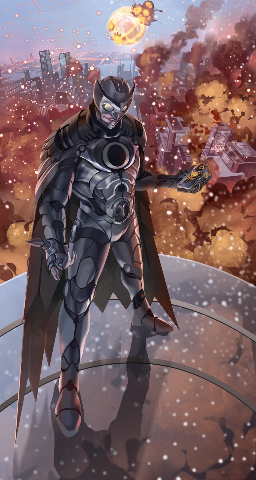 1boy, absurdres, armor, building, burning, cape, city, claws, controller, csc, dc_comics, explosion, fire, full_body, helmet, highres, holding, male_focus, mask, merry_christmas, owlman, planet, remote_control, shadow, sky, skyscraper, smile, smoke, snow, solo