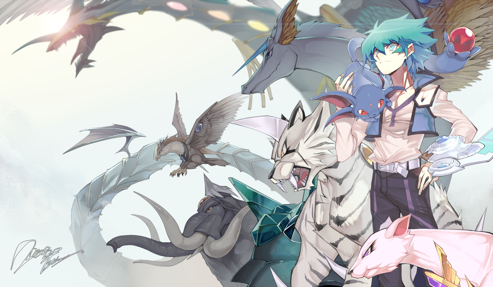 1boy, blue_eyes, claws, crystal_beast_amber_mammoth, crystal_beast_amethyst_cat, crystal_beast_cobalt_eagle, crystal_beast_emerald_tortoise, crystal_beast_ruby_carbuncle