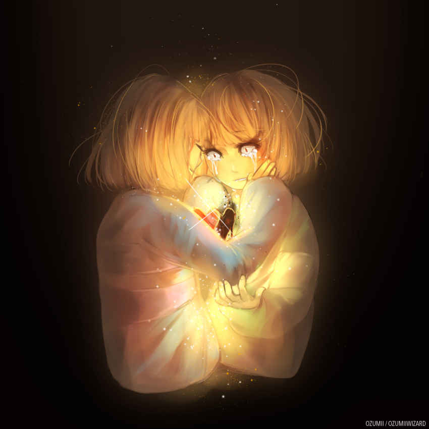 androgynous, artist_name, black_background, brown_hair, chara_(undertale), closed_eyes, constricted_pupils, crying