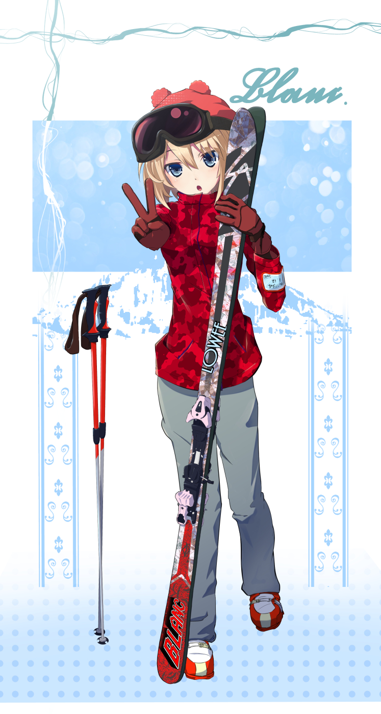 1girl, blanc, blue_eyes, brown_hair, gloves, hat, highres, jacket