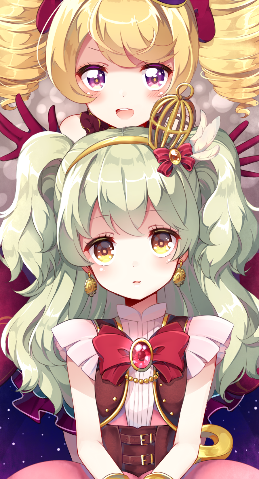 2girls, aidi_(otoca_doll), blonde_hair, blush, bow, brooch, corset, earrings