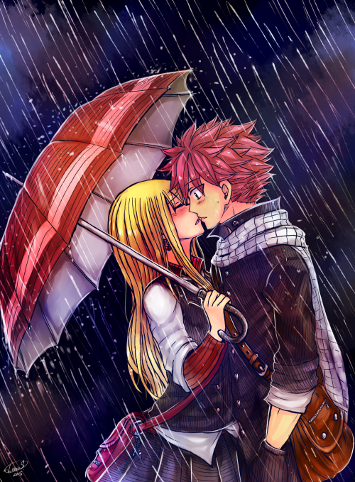 1boy, 1girl, blonde_hair, closed_eyes, fairy_tail, gloves, holding, holding_umbrella