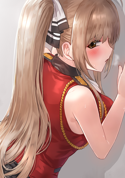 1girl, against_wall, amagi_brilliant_park, brown_eyes, brown_hair, hair_ribbon, kfr, long_hair