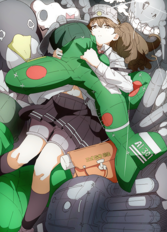 1girl, black_legwear, brown_eyes, failure_penguin, kantai_collection, kneehighs, lying, miss_cloud