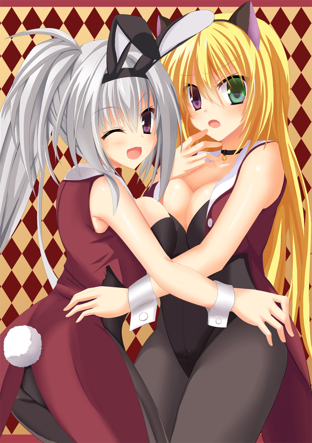 2girls, animal_ears, blonde_hair, bowtie, bunny_tail, bunnysuit, cat_ears, detached_collar
