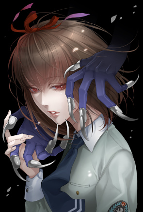 1girl, asajima_yoshiyuki, bangs, black_background, bow, brown_hair, hair_bow, hair_ribbon