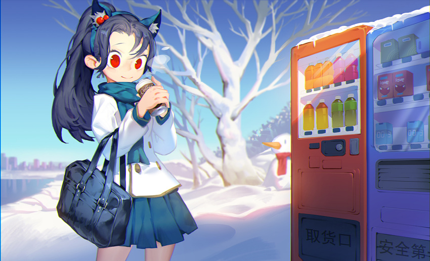 1girl, animal_ears, bag, bare_tree, black_hair, blue_scarf, blue_sky, bottle