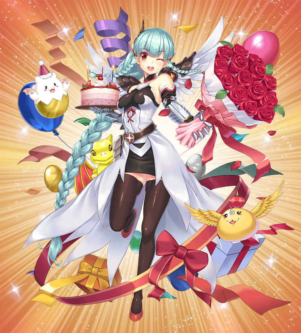 1girl, aqua_hair, balloon, bare_shoulders, belt, black_legwear, blush_stickers, bouquet