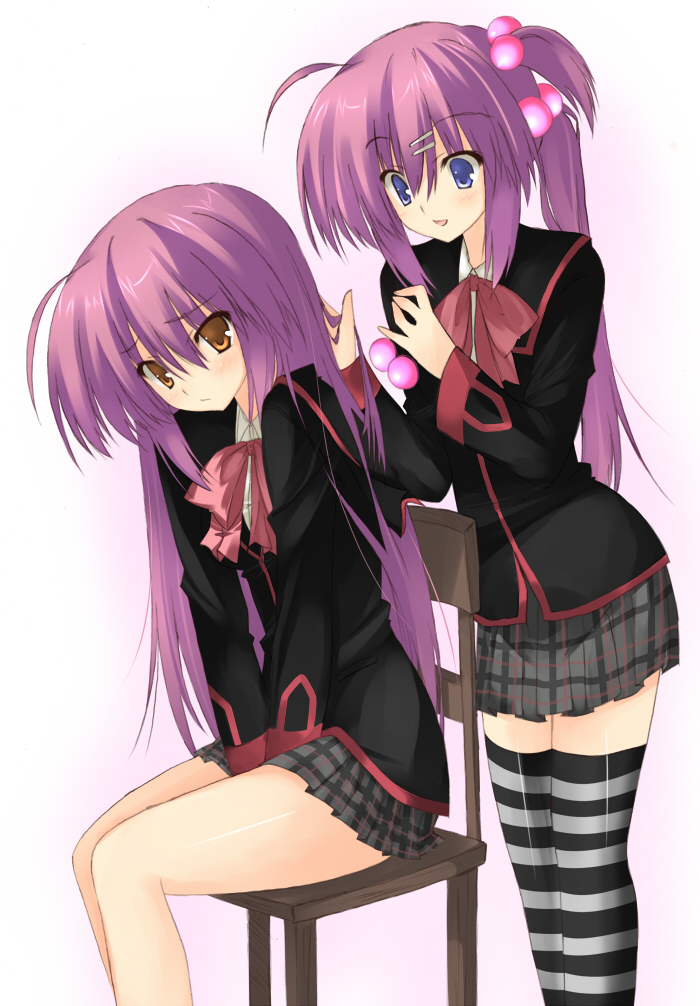 blue_eyes, brown_eyes, futaki_kanata, hair_bobbles, hair_ornament, hairdressing, hairstyling, kuwajima_reon, kuwashima_rein, little_busters!!, long_hair, multiple_girls, plaid, plaid_skirt, purple_hair, saigusa_haruka, school_uniform, skirt, striped, striped_legwear, striped_thighhighs, tartan, thigh-highs, thighhighs