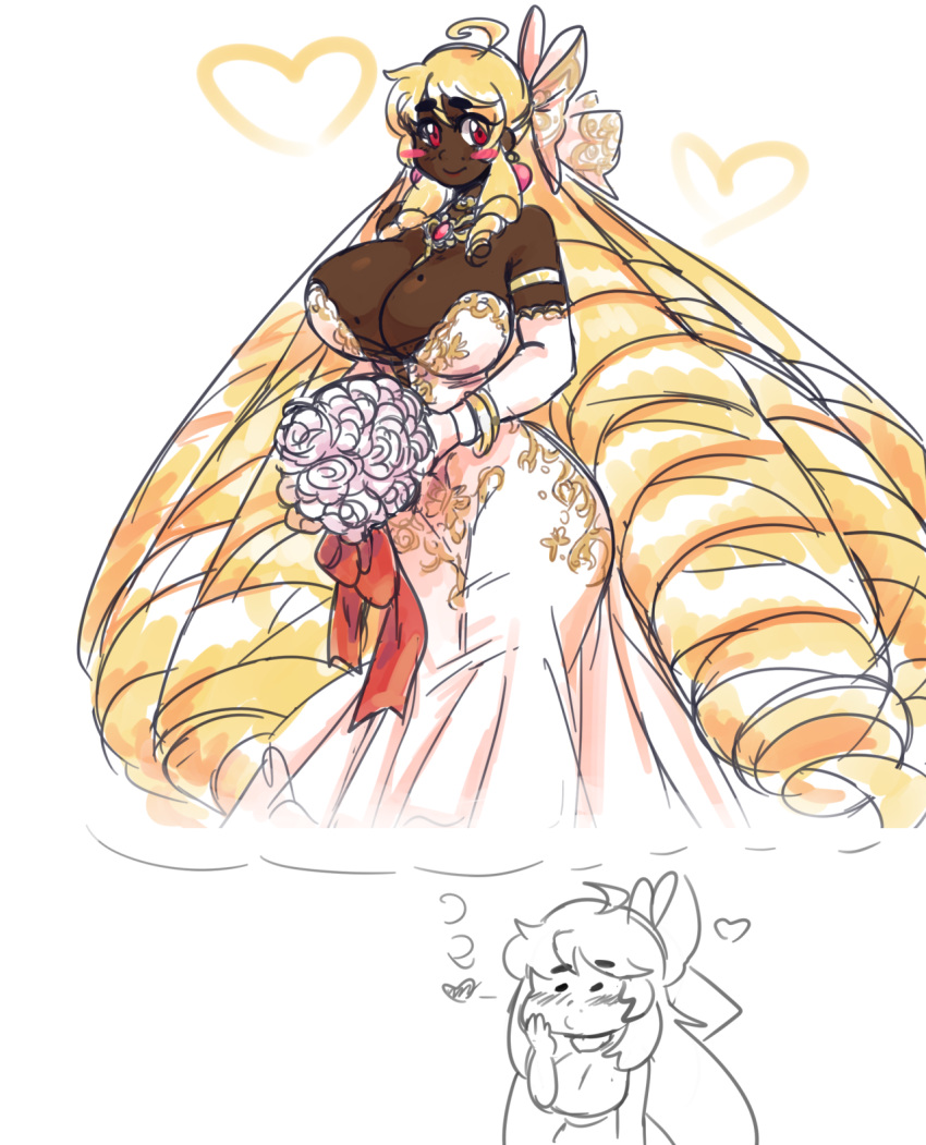 1girl, blonde_hair, blush, blush_stickers, bouquet, bow, breasts, dress