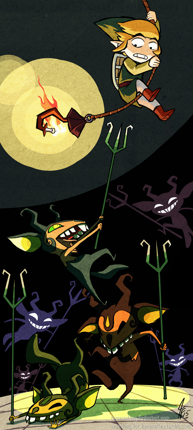 1boy, 2015, artist_name, blonde_hair, boots, candle, demon, demon_tail, green_hat, hat, highres, hook, link, male_focus, miniblin, pantyhose, pitchfork, pointy_ears, polearm, rope, satyr, shield, swinging, tail, tamarinfrog, the_legend_of_zelda, the_legend_of_zelda:_the_wind_waker, toon_link, trident, tunic, two-tone_background, watermark, weapon, web_address, yellow_eyes