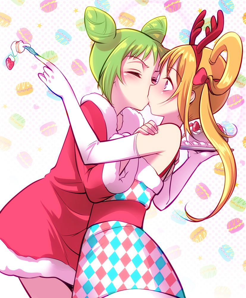2girls, blush, brown_hair, cake, closed_eyes, food, fukuhara_ann, green_hair
