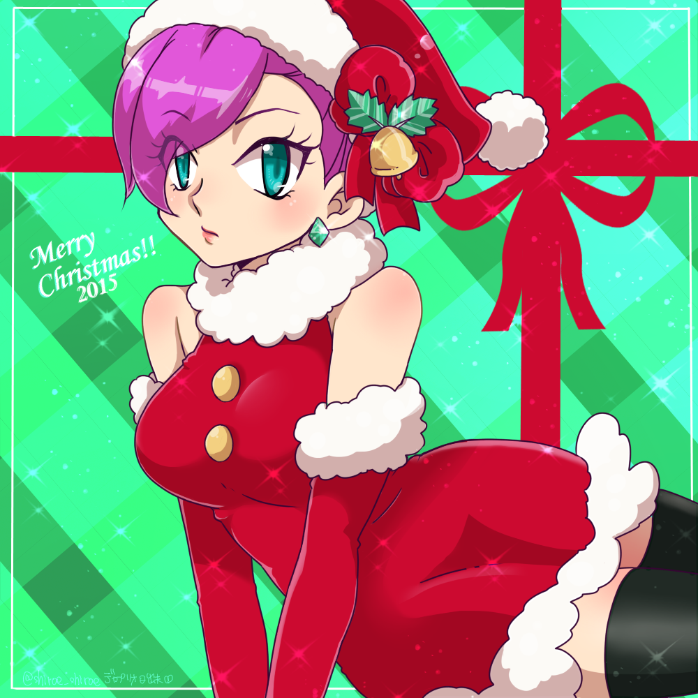 1girl, 2015, bell, black_legwear, breasts, dekapurio_hideo, dress, earrings, elbow_gloves, fur_trim, gloves, green_eyes, hair_over_one_eye, hat, hat_ornament, jewelry, large_breasts, lying, merry_christmas, musashi_(pokemon), on_side, pokemon, pokemon_(anime), purple_hair, red_dress, red_gloves, santa_costume, santa_hat, solo, thigh-highs, zettai_ryouiki