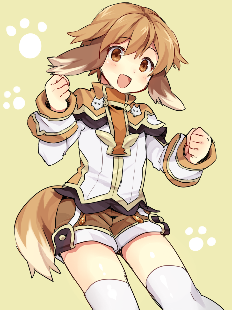 1boy, animal_ears, blush, brown_eyes, brown_hair, highres, looking_at_viewer, male_focus, open_mouth, paw_print, pop-up_story, short_hair, short_shorts, shorts, solo, tail, thigh-highs, utsunomiya_hetaru, white_legwear, wolf_ears, wolf_tail, yuri_ressen