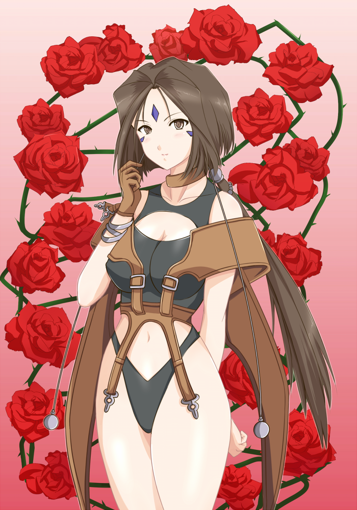 1girl, aa_megami-sama, bracelet, breasts, brown_eyes, brown_hair, earrings, facial_mark