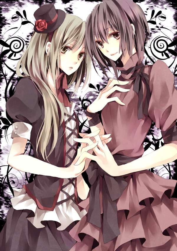 bad_id, blonde_hair, brown_eyes, brown_hair, dress, flower, formal, hand_holding, hat, holding_hands, karu, lace, long_hair, mini_top_hat, multiple_girls, original, ribbon, rose, short_hair, top_hat, victorian, yuzuki_karu