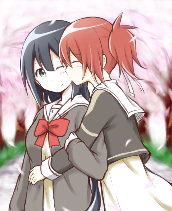 2girls, arm_hug, black_hair, blush, cheek_kiss, cherry_blossoms, commentary_request, green_eyes, isumi, kiss, multiple_girls, one_eye_closed, petals, redhead, school_uniform, smile, tougou_mimori, tree, yuri, yuuki_yuuna, yuuki_yuuna_wa_yuusha_de_aru