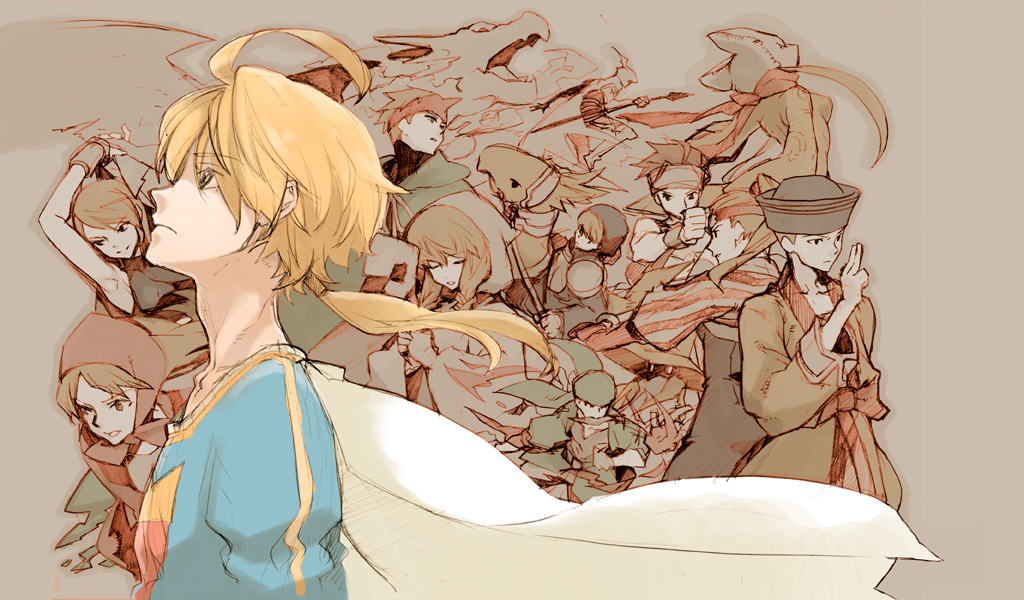 armor, bare_shoulders, black_mage, black_mage_(fft), blonde_hair, boots, brown_hair, character_request