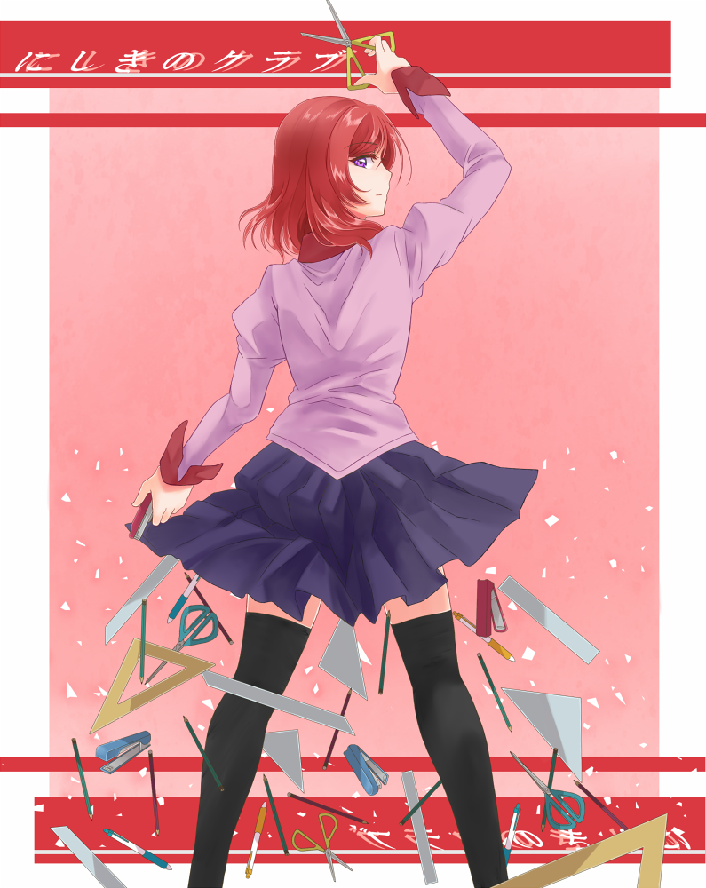 1girl, bakemonogatari, boxcutter, cosplay, looking_back, love_live!_school_idol_project, monogatari_(series), nishikino_maki