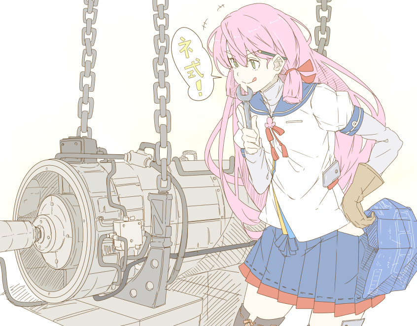 >:q, 1girl, :q, akashi_(kantai_collection), blueprint, green_eyes, hair_ribbon, hip_vent
