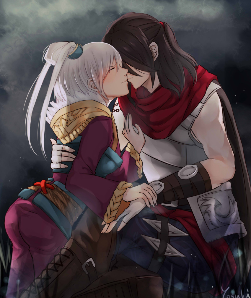 1boy, 1girl, absurdres, alternate_costume, alternate_hairstyle, closed_eyes, highres, incipient_kiss