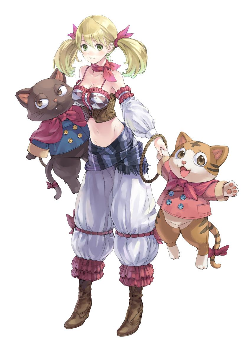 1girl, absurdres, aranya_(atelier), atelier_(series), atelier_rorona, blonde_hair, bustier, detached_sleeves, fang, hair_ribbon, highres, holding_hands, horoholo_(atelier), kishida_mel, lingerie, lionela_heinze, midriff, navel, official_art, ribbon, simple_background, smile, solo, spaghetti_strap, twintails, underwear, white_background