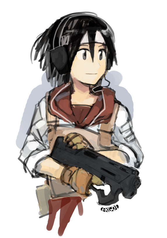 1girl, artist_name, bullpup, ergot, gloves, gun, headband, headphones