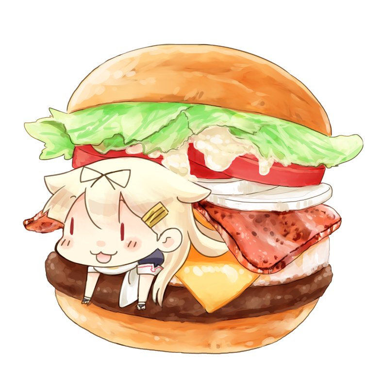 1girl, :3, blonde_hair, chibi, food, gloves, hair_flaps, hair_ornament, hair_ribbon, hairclip, hamburger, hinata_yuu, in_food, kantai_collection, open_mouth, ribbon, scarf, simple_background, solo, white_background, yuudachi_(kantai_collection), |_|