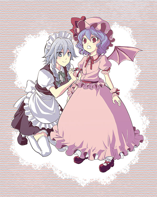 bat_wings, blue_eyes, blue_hair, braid, hat, ibuki_(pixiv454256), ibuki_hasu, izayoi_sakuya, maid_cap, maid_headdress, red_eyes, remilia_scarlet, short_hair, silver_hair, thigh-highs, thighhighs, touhou, twin_braids, wings, wrist_cuffs