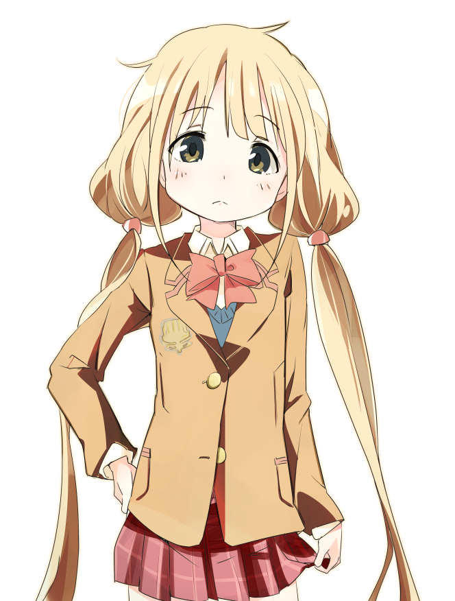 blonde_hair, futaba_anzu, idolmaster, idolmaster_cinderella_girls, looking_at_viewer, school_uniform, shimamura_uzuki_(cosplay), twintails