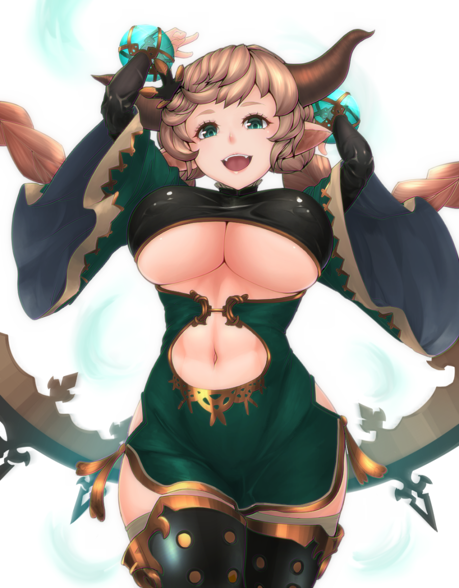 1girl, arms_up, blonde_hair, braid, breasts, carmelina_(granblue_fantasy), cleavage, eyebrows