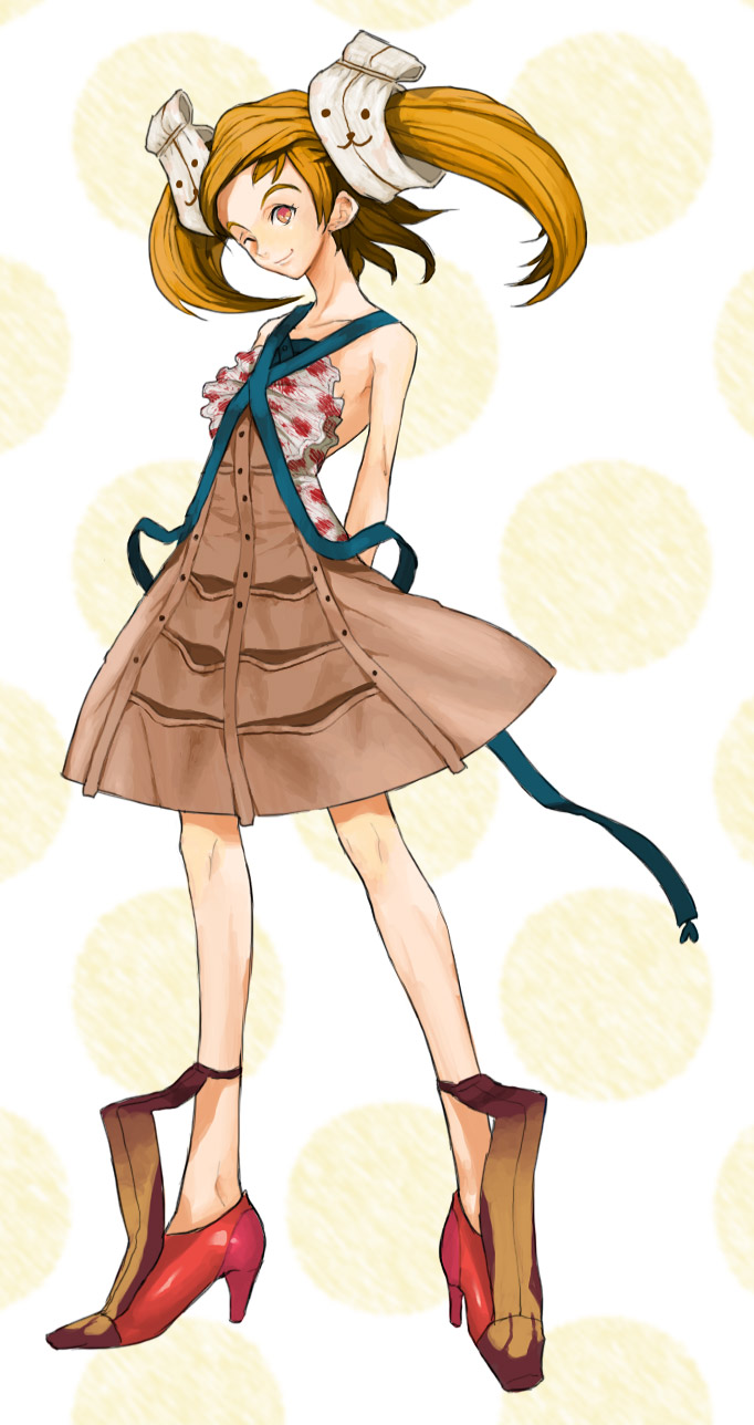 brown_hair, dress, high_heels, highres, kyuusugi_toku, original, ribbon, shoes