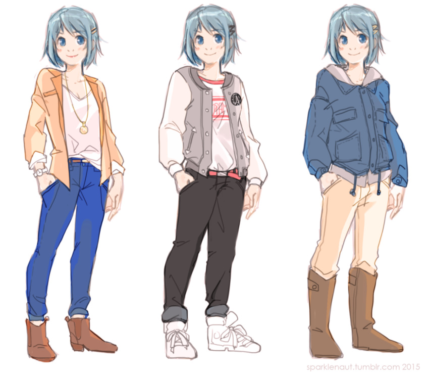 blue_eyes, blue_hair, boots, coat, commentary, dated, ddhew, denim