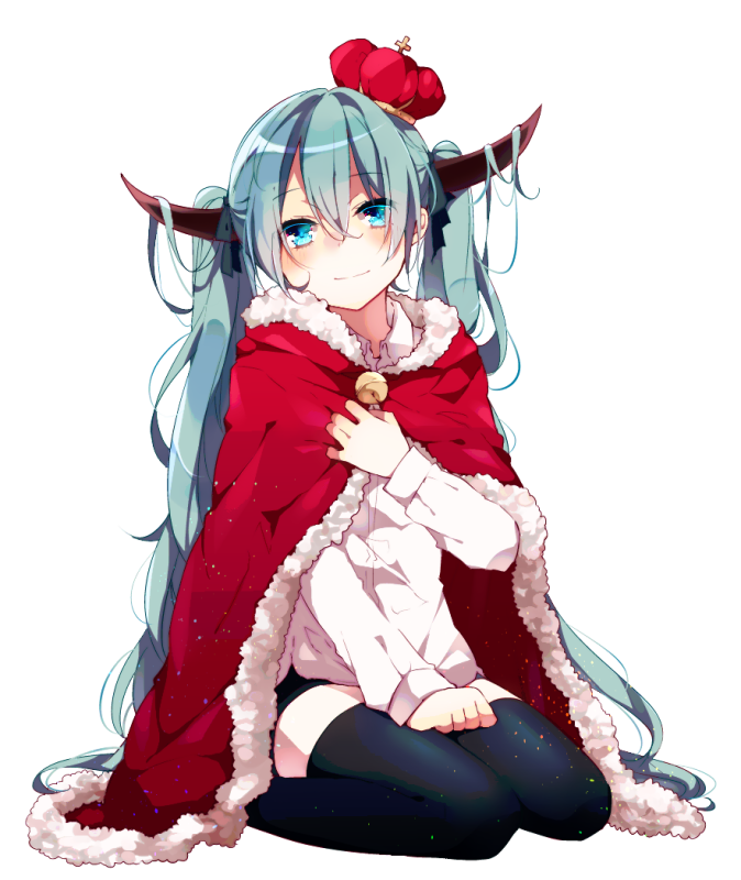 1girl, aqua_eyes, aqua_hair, asagao_minoru, bell, black_legwear, blush, cape