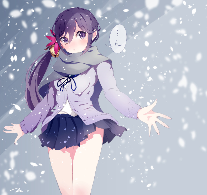 1girl, akebono_(kantai_collection), bell, breasts, cardigan, fingernails, flower, hair_bell