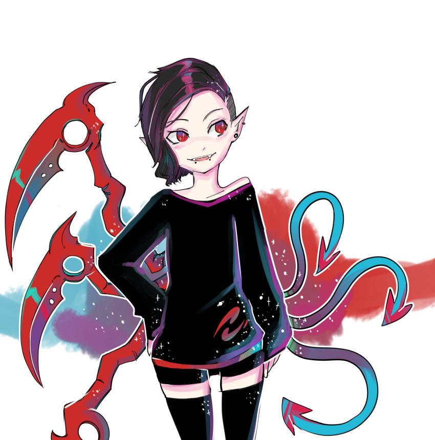 1girl, absurdres, adapted_costume, alternate_hairstyle, asymmetrical_hair, asymmetrical_wings, black_bottomwear, black_hair, black_legwear, black_shorts, black_sweater, black_topwear, collarbone, commentary, contemporary, gauge, highres, houjuu_nue, jewelry, long_sleeves, off_shoulder, pointy_ears, red_eyes, short_hair, short_shorts, shorts, single_earring, solo, sweater, thigh-highs, touhou, undercut, wings, zana, zettai_ryouiki