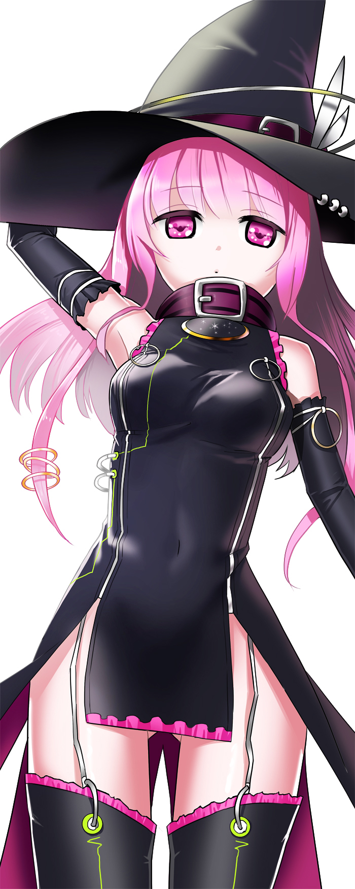 1girl, bare_shoulders, black_legwear, blush, collar, covered_navel, detached_sleeves, dockab, hat, highres, kaku-san-sei_million_arthur, long_hair, looking_at_viewer, million_arthur_(series), nimue_(kaku-san-sei_million_arthur), pink_eyes, pink_hair, solo, thigh-highs, witch_hat