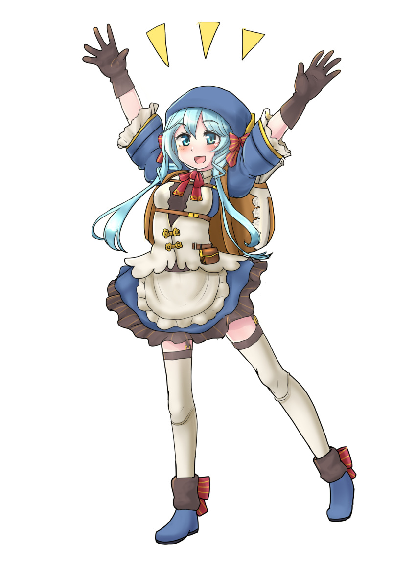 1girl, :d, aqua_hair, arms_up, blue_eyes, blush, bowtie, chiyo_koharu