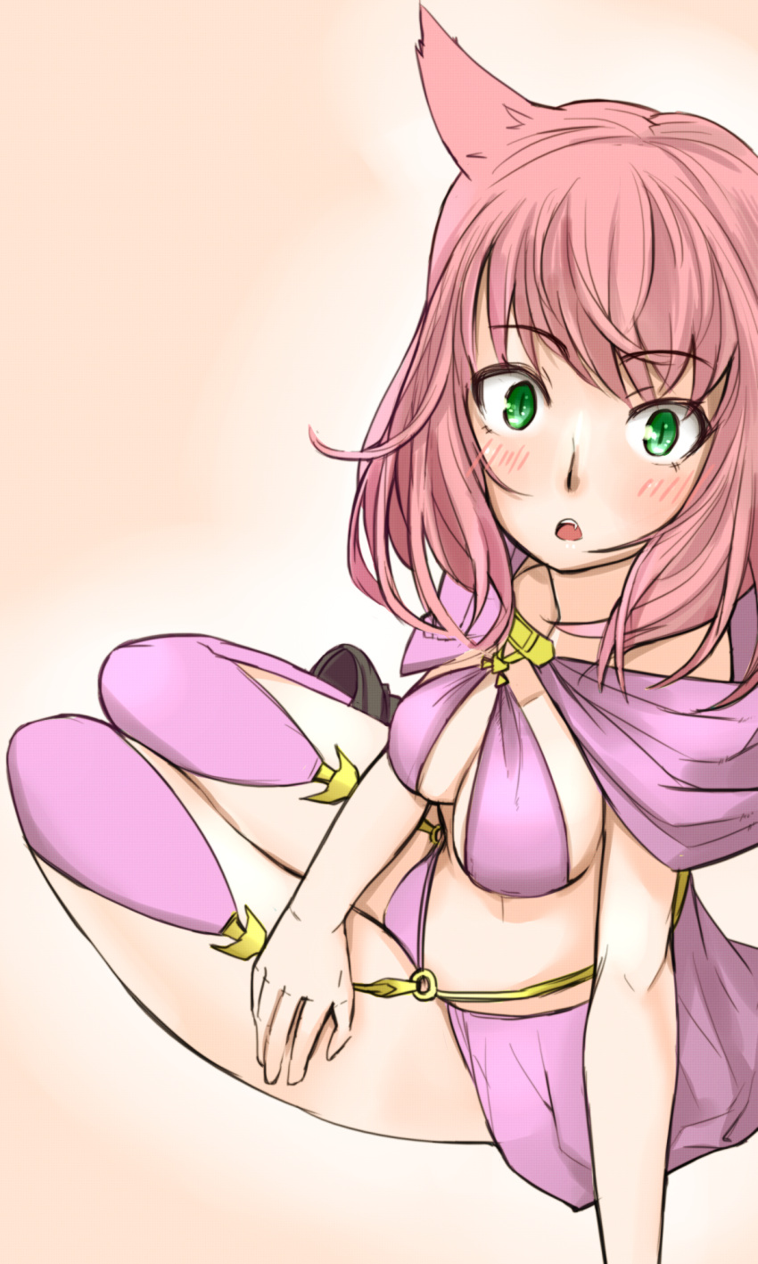 1girl, amidatto, animal_ears, arm_support, bikini, blush, boots, breasts