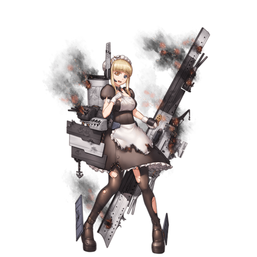 anchor, apron, barrel, blonde_hair, blue_eyes, brown_eyes, burning, burnt_clothes, crane, embers, headphones, headset, high_heels, maid, maid_apron, maid_headdress, mecha_musume, official_art, open_mouth, repulse_(zhan_jian_shao_nyu), ship, smoke, smokestack, thigh-highs, torn_clothes, torn_thighhighs, turret, warship, zhan_jian_shao_nyu