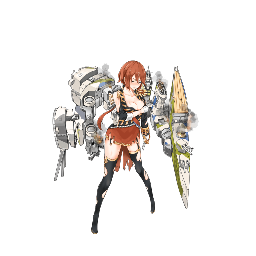 barrel, bent_barrel, boots, broken, broken_sword, broken_weapon, burnt_clothes, damaged, grabbing_own_breast, mecha_musume, military, military_uniform, nelson_(zhan_jian_shao_nyu), one_eye_closed, redhead, skirt, smokestack, smoking, sword, thigh-highs, thigh_boots, torn_clothes, torn_skirt, torn_sleeves, torn_thighhighs, turret, uniform, weapon, zhan_jian_shao_nyu